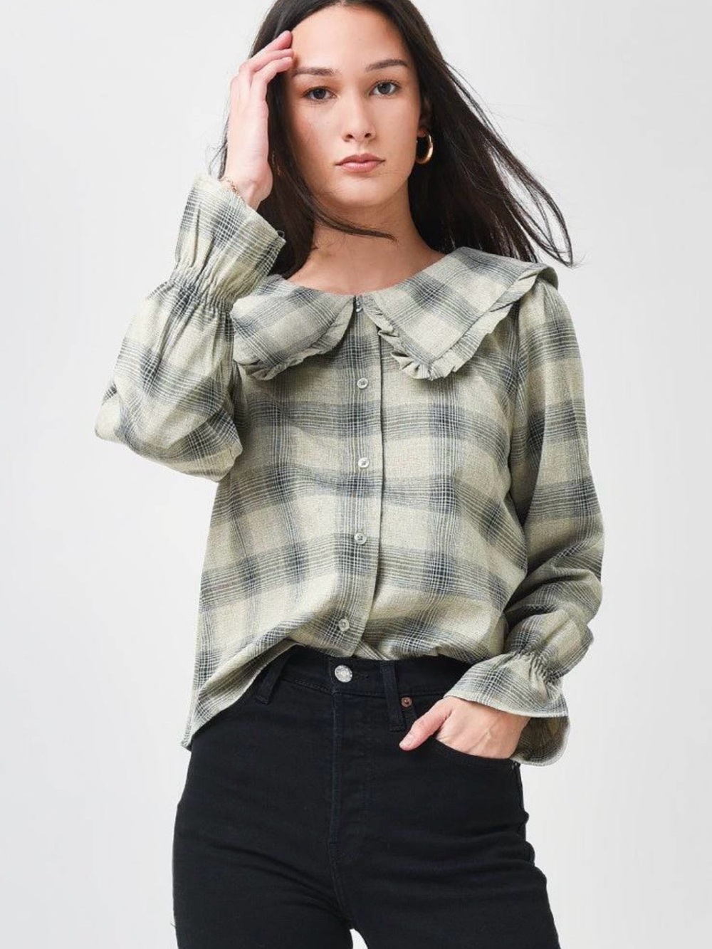 BB Dakota by Steve Madden Plaid Shirt Ruffled Collar XS Gray Cottage Core Modest